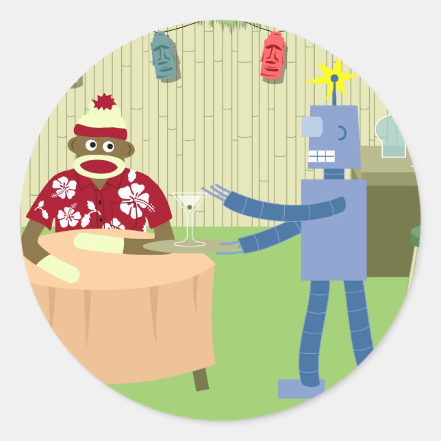 Sock Monkey Robot Waiter Classic Round Sticker (Front)