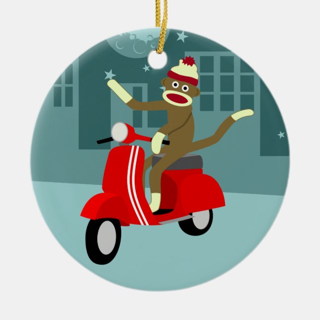 Sock Monkey Scooter Ceramic Tree Decoration (Front)
