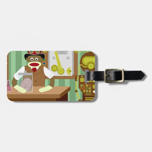 Sock Monkey Steampunk Scientist Luggage Tag (Front Horizontal)