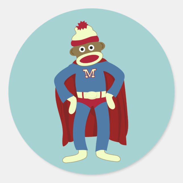 Sock Monkey Superhero Classic Round Sticker (Front)