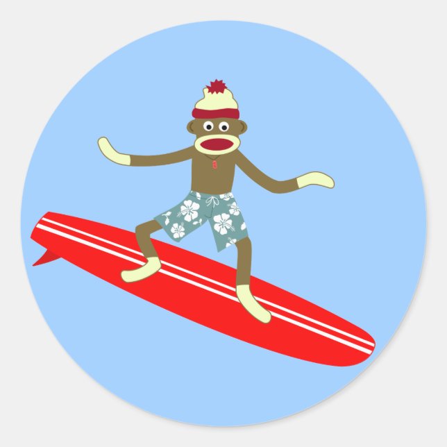 Sock Monkey Surfer Classic Round Sticker (Front)