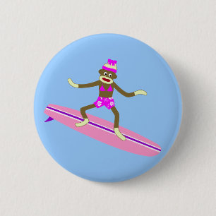 Sock Monkey Surfer Girl 6 Cm Round Badge