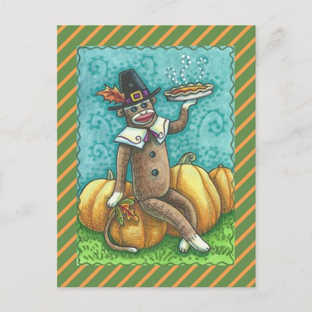 SOCK MONKEY THANKSGIVING AND PUMPKIN PIE POSTCARD (Front)