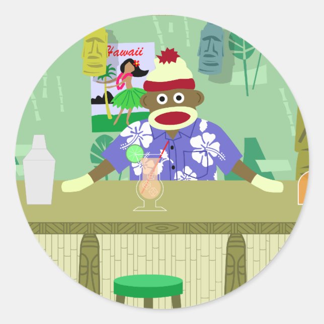 Sock Monkey Tiki Bar Classic Round Sticker (Front)