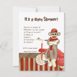 Sock Monkey, Tricycle, Boy Baby Shower Invitation