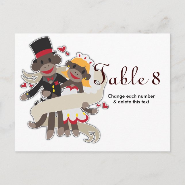 SOCK MONKEY Wedding Table Cards numbers Postcard (Front)