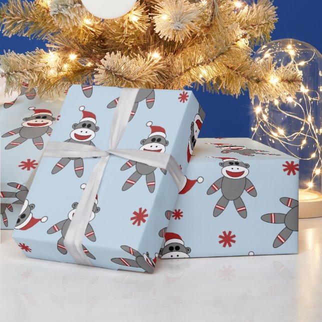 Sock Monkey With Santa Hat Blue Christmas Holidays Wrapping Paper (Holidays)