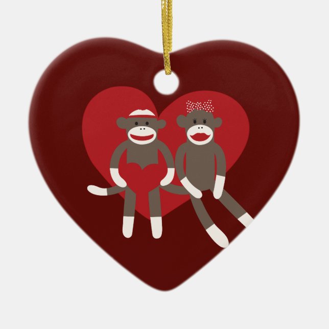 Sock Monkeys in Love Hearts Valentine's Day Gifts Ceramic Tree Decoration (Front)
