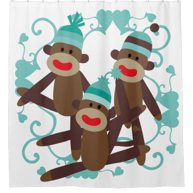 Sock Monkeys With Blue Hearts Shower Curtain (Front)