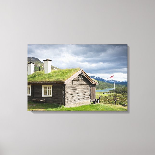 Sod roof log cabin in Norway canvas Print (Front)