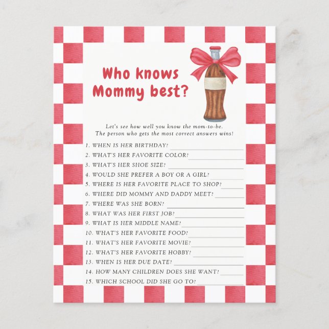 Soda Bottle baby shower Who knows mommy best game (Front)
