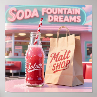 Soda Fountain Dreams Retro Kawaii Poster
