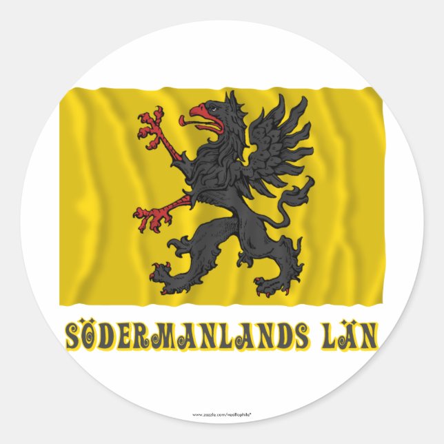 Södermanlands län waving flag with name classic round sticker (Front)