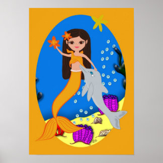 Sofia the Orange Mermaid and Dolphin Poster