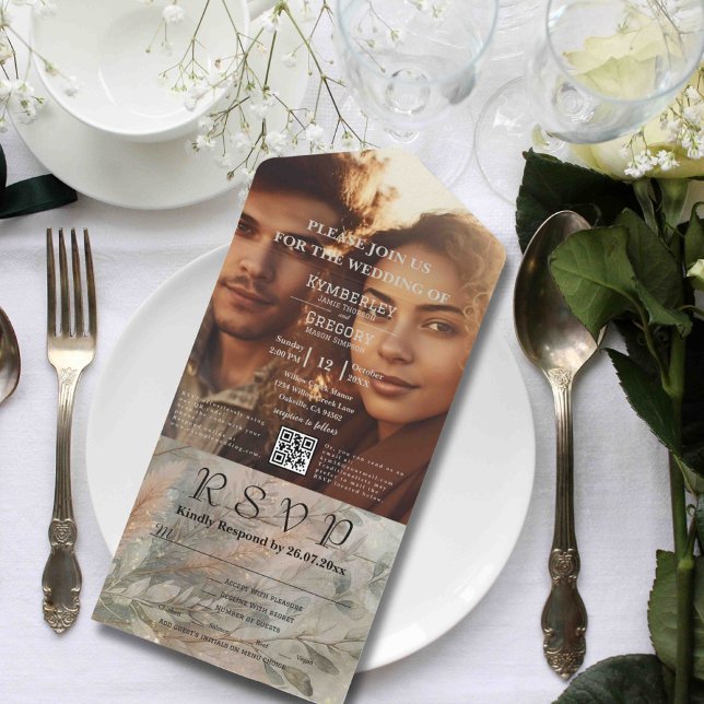 Soft Abstract Botanical Grey Green Photo QR Code All In One Invitation (Creator Uploaded)