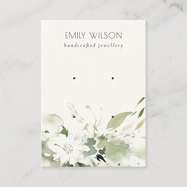 Soft Abstract White Green Floral 2 Earring Display Business Card (Front)