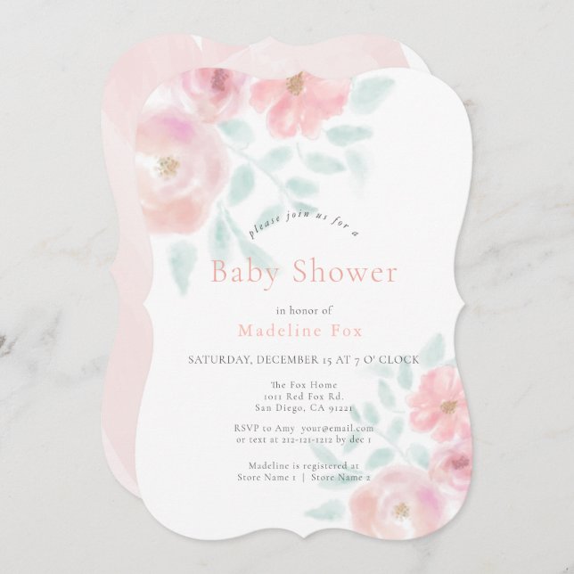 Soft Airy Blush Pink Watercolor Roses Baby Shower Invitation (Front/Back)