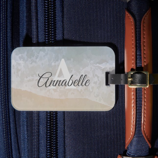 Soft and Subtle Monogrammed "Beach" Luggage Tag (Front Insitu 4)