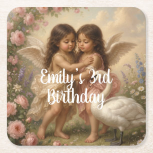 soft angel cherub girls’ birthday square paper coaster