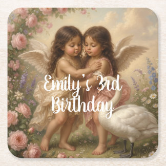 soft angel cherub girls’ birthday || square paper coaster