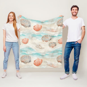Soft Aqua and Coral Seashells with Starfish Detail Fleece Blanket