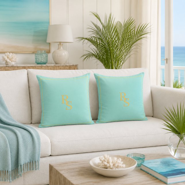 Soft Aqua Blue Gold Monogram Throw Pillow (Stylish Modern Aqua Blue Monogrammed Decorative Pillow)