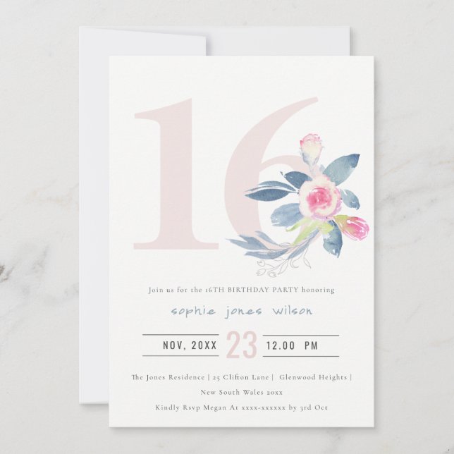 SOFT AQUA BLUSH BLUE FLORAL 16TH ANY AGE BIRTHDAY INVITATION (Front)