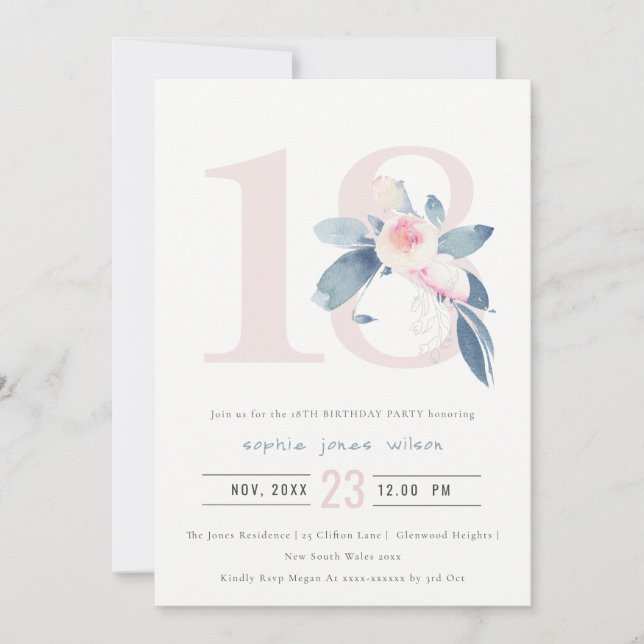 SOFT AQUA BLUSH BLUE FLORAL 18TH ANY AGE BIRTHDAY INVITATION (Front)