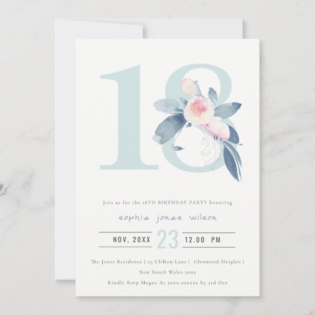 SOFT AQUA BLUSH BLUE FLORAL 18TH ANY AGE BIRTHDAY INVITATION (Front)