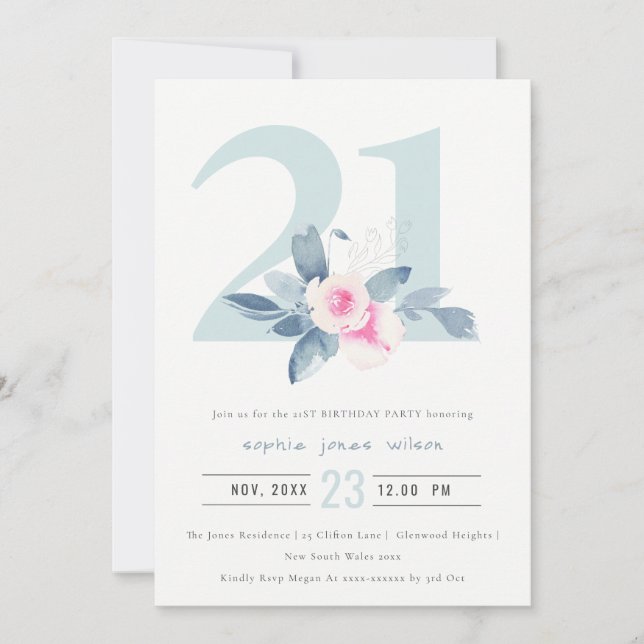 SOFT AQUA BLUSH BLUE FLORAL 21ST ANY AGE BIRTHDAY INVITATION (Front)