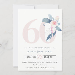 SOFT AQUA BLUSH BLUE FLORAL 60TH ANY AGE BIRTHDAY INVITATION