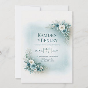 Soft Aqua Floral Corner Wedding Invitation
