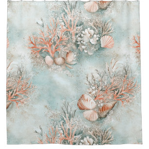 Soft Aqua Ocean Shell Botanical Pattern Shower Curtain