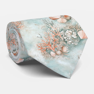 Soft Aqua Ocean Shell Botanical Pattern Tie