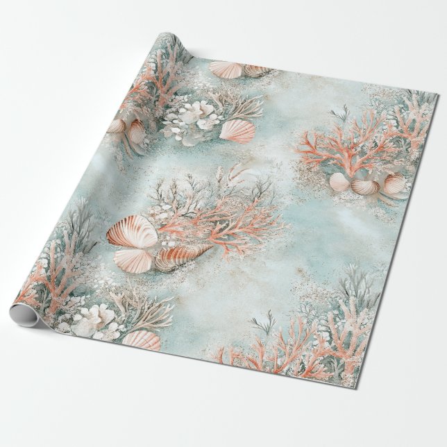 Soft Aqua Ocean Shell Botanical Pattern Wrapping Paper (Unrolled)