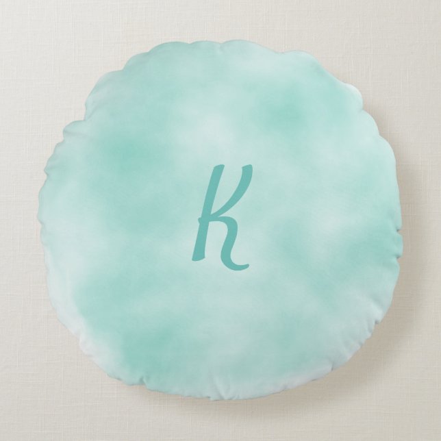 Soft Aqua Watercolor Monogram Round Pillow (Front)