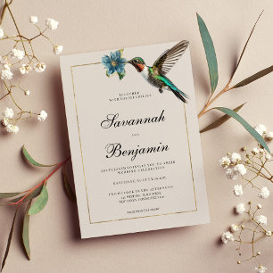 Soft ashy shade gold colourful hummingbird wedding invitation