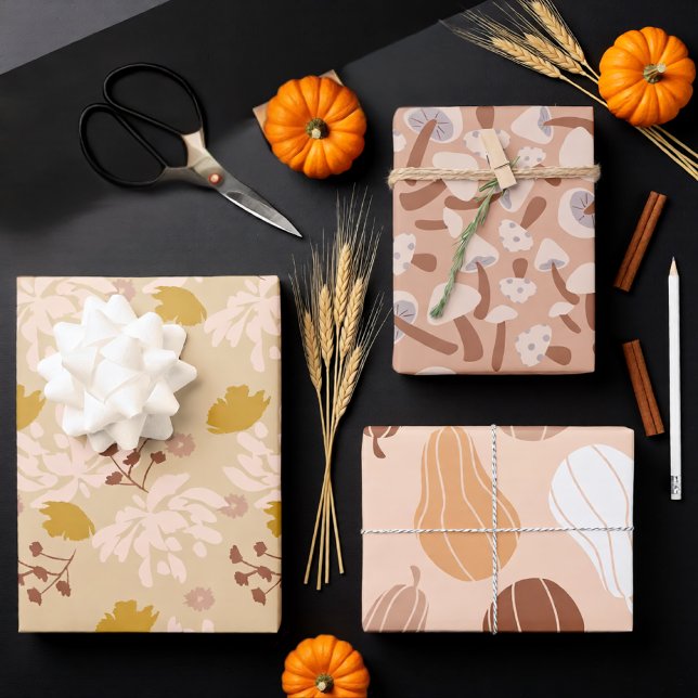 Soft Autumn Neutrals with Mushrooms and  Leaves  Wrapping Paper Sheet (Soft Autumn Neutrals with Mushrooms and Leaves Wrapping Paper Sheets)