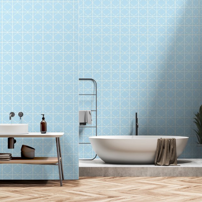 Soft baby blue and white moroccan mock tiles wallpaper (Bathroom)
