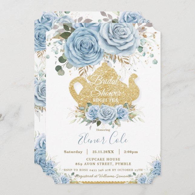 Soft Baby Blue Floral Bridal Shower High Tea Party Invitation (Front/Back)