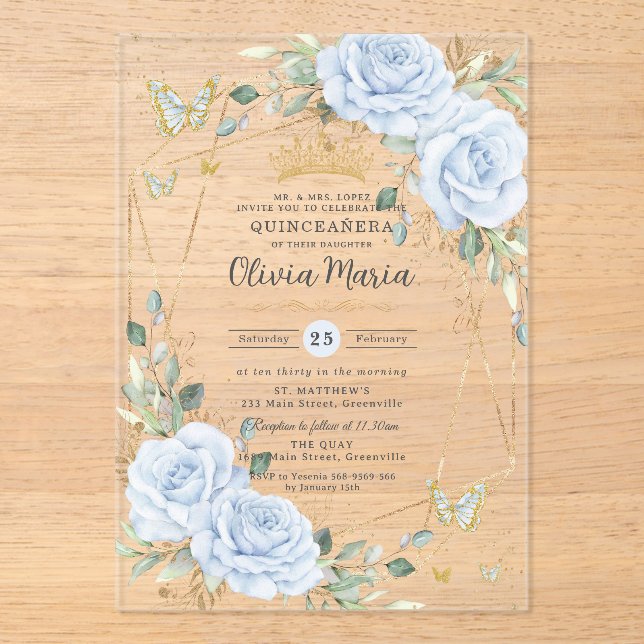 Soft Baby Blue Floral Butterflies Gold Quinceanera Acrylic Invitations (Front)