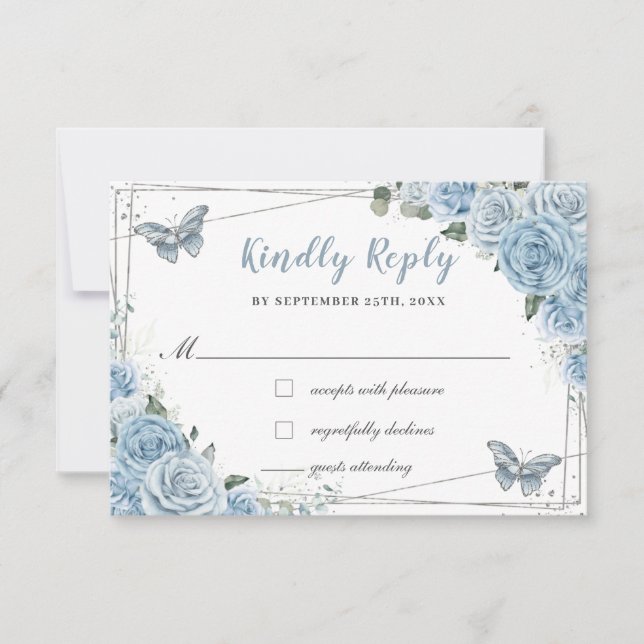 Soft Baby Blue Floral Roses Quinceañera Butterfly RSVP Card (Front)