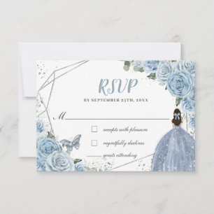 Soft Baby Blue Floral Roses Quinceañera Princess RSVP Card