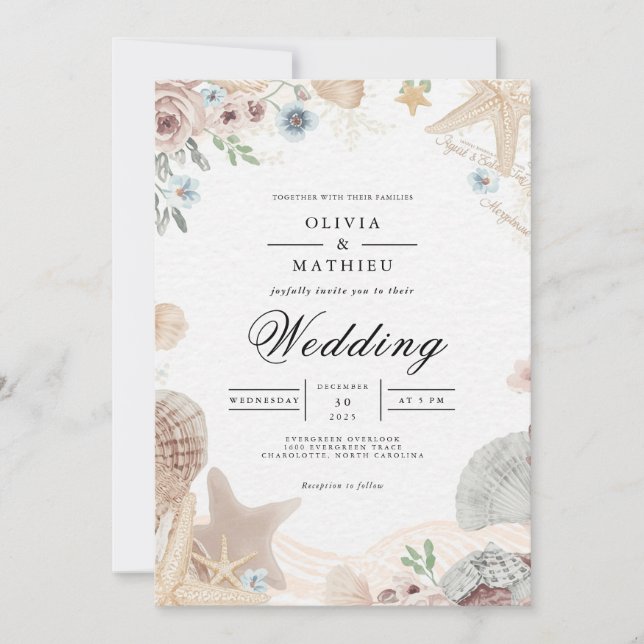 Soft Beach Shells Floral Wedding Invitation (Front)