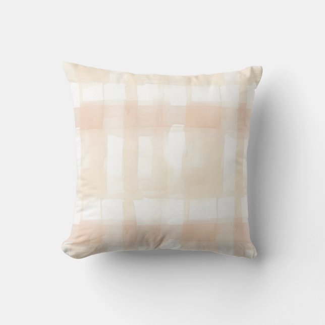 Soft Beige and Peach Watercolor Plaid Throw Pillow (Front)