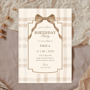 Soft beige brown bow tartan plaid birthday invitation