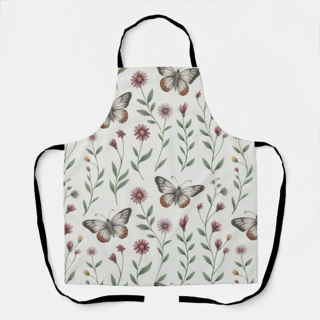 Soft Beige Butterfly & Wildflower Seamless Pattern Apron (Front)
