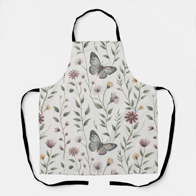 Soft Beige Butterfly & Wildflower Seamless Pattern Apron (Front)