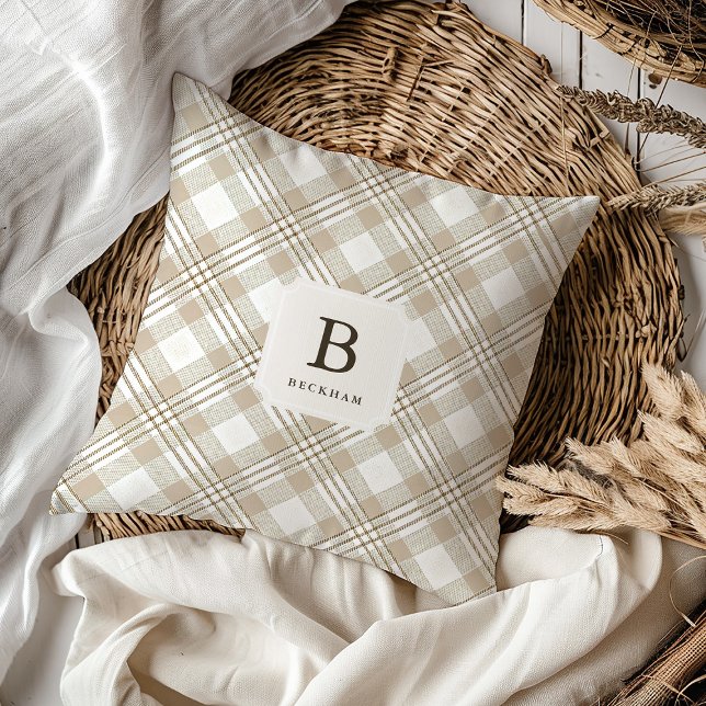 Soft Beige Gingham Monogram Festive Cushion (Creator Uploaded)