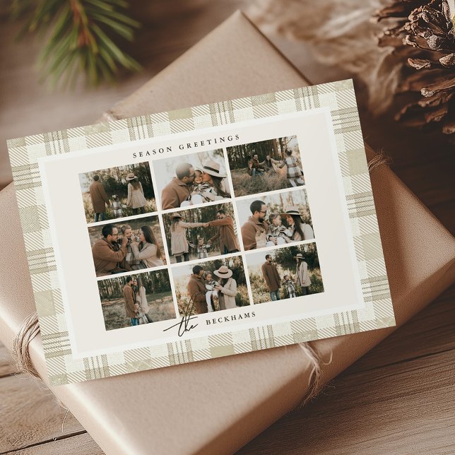 Soft Beige Gingham Photo Collage Christmas Holiday Card (Creator Uploaded)